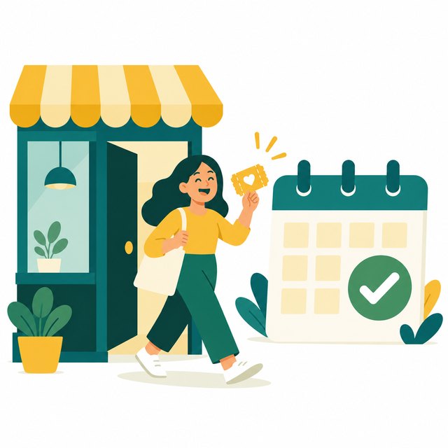 A customer leaving a shop holding a coupon, next to a calendar with a green checkmark